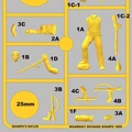 A sprue featuring various components for a Richard Sharpe miniature from Wargames Atlantic's "Sharpe's Rifles" game. The parts include a detailed figure of Sharpe in military attire, alternative arms, heads, and weapons, all rendered in yellow plastic. The sprue is labeled with identifiers for each piece, indicating options for customization in both 28mm and 54mm scales.
