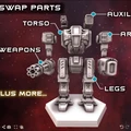 A detailed 3D model of a customizable mech stands on a hexagonal base, showcasing various parts labeled for swapping. The mech features a robust torso, articulated arms, and sturdy legs, with additional weapon options displayed alongside. The background is a gradient of deep space colors, enhancing the futuristic theme, while text highlights the ability to swap parts and customize the design.