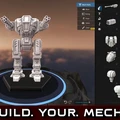 A 3D model of a mech stands prominently on a circular base, showcasing a robust design with multiple arm-mounted weapons and a detailed cockpit. To the right, a user interface displays various customization options, including mech parts, sizing, pose, and color settings. The background features a gradient sky, enhancing the futuristic theme of the scene.