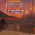 A dark, atmospheric illustration features a High Elf figure in armor, holding a shield, set against a dramatic landscape with a distant castle and mountains under a sunset sky. The title "WARHAMMER FANTASY ROLE-PLAY" is displayed at the top, with "SEA WARDENS OF COTHIQUE" prominently featured below in bold, stylized text. The overall color palette includes deep reds and purples, enhancing the mystical and adventurous theme of the High Elf kingdom.