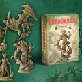 A collection of intricately designed miniatures from the Dragonbane RPG is displayed against a textured green background. The set includes a variety of characters, such as a knight with a spear, a dragon, and a sorcerer, all rendered in a beige color, showcasing their detailed features. To the right, a box labeled "DRAGONBANE DEMONS SET" features artwork of a menacing creature, indicating the theme of the miniatures within the set.