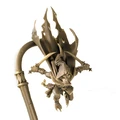 A dynamic miniature of a Mallard Assassin is depicted, featuring a cloaked figure with a flowing cape and a menacing stance. The character is poised mid-action, gripping a staff with one hand while brandishing a weapon in the other. The model is presented in a neutral color, highlighting its intricate details and design elements.