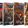 Four tabletop roleplaying game books are displayed, all part of the Warhammer 40,000 Roleplay: Wrath & Glory series. From left to right, the covers feature vibrant artwork: the first book is titled "Rulebook," showcasing a dynamic scene with characters in battle; the second, "Threat Assessment: Daemons & Heretics," depicts a confrontation with dark forces; the third, "Threat Assessment: Xenos," features alien adversaries; and the fourth, "Vow of Absolution," highlights the Absolvers Chapter with Astartes in action. Each cover is adorned with the Warhammer 40,000 logo and thematic elements reflecting the grimdark universe.