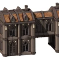 A detailed 3D model of a building designed for tabletop gaming, featuring a gothic architectural style with pointed arches and decorative elements. The structure has a brown tiled roof and is primarily a muted gray color, with illuminated wall sconces and a central archway connecting two sections. The design includes intricate window details and a variety of textures, enhancing its grimdark aesthetic suitable for a sci-fi setting.