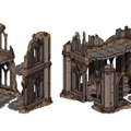 Two detailed 3D-rendered models of ruined buildings are displayed, showcasing a grimdark architectural style. The structures feature broken walls, arched windows, and a mix of stone and metal elements, with visible damage and debris. One model includes a staircase leading to an upper level, while the other has a central tower-like structure, emphasizing the post-apocalyptic aesthetic suitable for tabletop gaming.