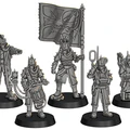 Five detailed miniatures stand on black bases, showcasing a variety of characters from the War Scenery’s Fall of Castograd campaign. The figures include a flag bearer with a skull emblem, a drummer with a drum and a chain, and other characters equipped with various weapons and gear, all designed in a spiky, grimdark style. Each miniature features intricate details, emphasizing their dynamic poses and unique attributes.