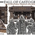 A collection of detailed 3D printable miniatures and terrain pieces from the "Fall of Castograd" Kickstarter campaign. The image features several miniatures, including spiky, armored figures wielding weapons, alongside various structures such as a fortified building and a landing platform, all designed in a grimdark aesthetic. The text "FALL OF CASTOGRAD 3D PRINTABLE TERRAIN AND MINIS" is prominently displayed at the top, emphasizing the campaign's focus on both miniatures and scenery.