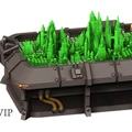A detailed 3D rendering of a futuristic command board, featuring a dark metallic base with various control panels and pipes. The top surface is adorned with vibrant green crystalline structures resembling a cityscape, set against a grid pattern. The design includes an emblem on the side, indicating its thematic connection to a sci-fi universe.