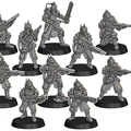 A collection of ten detailed miniatures stands on black bases, depicting spiky, renegade guardsmen from a grimdark sci-fi setting. Each figure is armed with various weapons, including rifles and a chainsaw, showcasing dynamic poses and distinctive armor adorned with spikes. The miniatures vary in stance and weaponry, emphasizing their roles as command, veterans, and grunts within the unit.