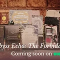 A collection of various themed props and materials is displayed on a dark surface, showcasing the upcoming Kickstarter project "Abyss Echo: The Forbidden Rite." The assortment includes intricately designed books, sealed letters, and occult artifacts, all contributing to a mysterious atmosphere. The text "Abyss Echo: The Forbidden Rite" and "Coming soon on KICKSTARTER" is prominently featured, inviting players to engage in a chilling Cthulhu Mythos adventure.