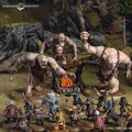 Three large trolls, each with distinct features and wielding makeshift weapons, are positioned around a campfire in a forested setting. In the foreground, a group of characters from Thorin's Company, including dwarves and a wizard, are depicted in various poses, preparing for confrontation. The scene captures the tension of the moment, with detailed terrain elements like rocks and trees enhancing the atmosphere.