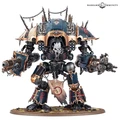 A large, imposing Chaos Knight model stands prominently, featuring a heavily armored chassis adorned with spikes and chains. The model showcases intricate details, including a skull motif on the chest and various weaponry, such as a large cannon and a spiked arm. The color scheme combines dark tones with metallic accents, and the base is decorated with small debris and grass, enhancing the overall menacing appearance.