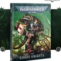 A detailed cover of the "Codex: Chaos Knights" for Warhammer 40,000 features a large, imposing Chaos Knight with intricate designs, including spikes and tentacle-like appendages. The background is a vibrant green with abstract patterns, enhancing the chaotic theme. The title "WARHAMMER 40,000" is prominently displayed at the top, with "CODEX: CHAOS KNIGHTS" at the bottom, emphasizing the focus on the new Chaos Knight models.