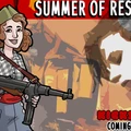 A stylized illustration features a woman with curly hair, wearing a green beret and a checkered shirt, holding a rifle confidently. The background depicts abstract shapes and colors, suggesting a chaotic environment, while bold text at the top reads "SUMMER OF RESISTANCE" and at the bottom, "KICKSTARTER COMING END OF." The overall tone emphasizes empowerment and the theme of resistance during World War II.