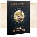 A dark blue cover features the title "Middle-earth Strategy Battle Game" at the top, with "The Lord of the Rings" and "The War of the Rohirrim" prominently displayed below. In the center, a circular illustration depicts Helm Hammerhand, a warrior in armor, alongside a woman holding a shield, set against a backdrop of a battle scene. The cover is bordered with intricate designs, enhancing its fantasy theme.