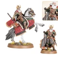 A detailed miniature of Helm Hammerhand, King of Rohan, is depicted both mounted on an armoured horse and standing beside it. The mounted figure wears ornate armor with intricate patterns, a flowing red cape, and a horned helmet, while the horse is adorned with decorative armor. The standing figure, also in regal attire, holds a hammer and features a long beard, showcasing the character's noble stature.