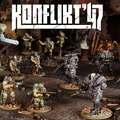 A dynamic scene from Konflikt '47 features a variety of detailed miniatures set in a war-torn environment. In the foreground, U.S. Airborne soldiers in green uniforms wield weapons, while Axis soldiers in heavy armor and distinctive designs stand ready for battle. The backdrop includes ruined structures and scattered debris, enhancing the atmosphere of this alternate history conflict. The title "KONFLIKT '47" is prominently displayed at the top.