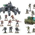 A large, multi-legged mech stands prominently on the left, featuring a turret and various mechanical details. Surrounding it are several infantry miniatures, including two distinct groups: one with heavily armored soldiers in gray and black, and another with more lightly equipped troops in casual attire, some wielding weapons. On the right, a green tank with a turret is accompanied by additional soldiers in military gear, showcasing a mix of poses and weaponry.