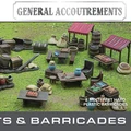 A detailed tabletop scene features a variety of marketplace elements, including wooden stalls, barrels, crates, and bags, all set on a grassy surface. The scene showcases multiple tables with assorted food items and decorative pieces, emphasizing the bustling atmosphere of a market. Above the scene, the text "GENERAL ACCOUTREMENTS" and "MARKETS & BARRICADES" is prominently displayed, indicating the theme of the set.