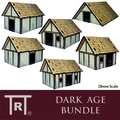 A collection of six 28mm scale MDF buildings designed for tabletop gaming, featuring a variety of styles including houses with thatched roofs and wooden frames. The buildings are shown from different angles, highlighting their detailed construction and design. The bottom of the image includes the text "DARK AGE BUNDLE" alongside the TR logo, indicating the theme of the set.