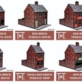 A collection of six 28mm scale MDF buildings is displayed, featuring a red brick design. The buildings include a "Red Brick House with Alley," "Red Brick Terrace House," "Red Brick Terrace Pub," "Small Red Brick Terrace House," "Small Red Brick Terrace Shop," and "Red Brick Terrace Store." Each building showcases distinct features, such as varying door colors and signage options, suitable for various historical genres.