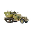 A detailed model of a WWII U.S. M15 multiple gun motor carriage, featuring a green camouflage paint scheme with weathering effects. The vehicle has a mounted gun and a soldier figure in the driver's seat, showcasing its military design. The model is equipped with tracks and wheels, emphasizing its dual mobility on land and in combat scenarios.