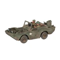 A Ford GPA amphibious jeep in a weathered green finish, featuring two seated figures in military attire, one wearing a helmet and the other a cap. The jeep has a star insignia on the side and includes details like headlights and a storage box at the rear. The overall appearance reflects a realistic, battle-worn aesthetic suitable for WWII tabletop gaming.