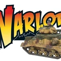 A detailed model of the M3 Grant medium tank is prominently displayed, featuring a camouflage paint scheme with earthy tones. A miniature figure of a soldier wearing a helmet and goggles is positioned on top of the tank, adding a dynamic element to the scene. The background features the bold, stylized text "WARLORD" in vibrant red and yellow, enhancing the overall visual impact.