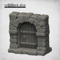 A sculpted dungeon block features a stone archway with a wooden door, detailed with a metal handle and horizontal planks. The block is textured to resemble rough stone, with various sizes of stones stacked to create a sturdy appearance. This modular piece is designed for tabletop gaming, allowing for customizable dungeon layouts.