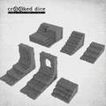 A collection of modular dungeon blocks in various shapes and sizes, all in a gray color, designed for tabletop gaming. The set includes staircases, walls with openings, and flat platforms, showcasing detailed stone textures. These blocks are arranged to demonstrate their versatility for creating custom dungeon layouts.