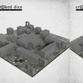 A collection of modular dungeon blocks in various shapes and sizes, all in a gray color, is displayed on a textured flagstone game mat. The blocks are arranged to form walls, rooms, and corridors, showcasing their versatility for tabletop gaming. The scene includes a mix of solid blocks and archways, set against a backdrop of detailed stone flooring.