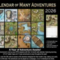 A visually striking calendar titled "Calendar of Many Adventures 2026" features a grid layout showcasing twelve 12"x12" battle maps, each representing different fantasy settings suitable for tabletop RPGs. The maps include a variety of environments such as a ship, a forest, and a river, with intricate details that highlight Loke Battle Mats' signature quality. The bottom section includes promotional text emphasizing the calendar's features, including a new 5E adventure each month and a month-per-page layout for October, along with a QR code for accessing the adventures.