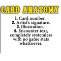 A card from Philip Reed’s Deck of Old School Encounters features a whimsical illustration of a frogfolk character, depicted in a playful pose. The card includes numbered sections indicating the card number, artist's signature, the illustration, and encounter text, which is systemless and lacks game stats. The background is a light blue, with decorative elements at the bottom, including a skull motif.