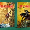 Two new expansions for the Dragonbane RPG are displayed: "Arkand: City of Waves and Flames" on the left and "Book of Magic" on the right. The cover of "Arkand" features a character in a red cloak, standing on a dock with a cityscape in the background, while "Book of Magic" showcases a dark figure wielding a staff, accompanied by a menacing wolf and skeletal figures. Both books have vibrant, detailed artwork and are set against a green background.