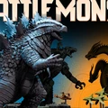 A large, detailed miniature of Godzilla stands prominently in the foreground, showcasing its iconic features and textured scales. Behind Godzilla, a menacing King Ghidorah is partially visible, along with armored vehicles and other creatures, set against a vibrant gradient background of blue and orange. The title "BATTLEMONSTERS" is displayed in bold, stylized lettering at the top of the image.