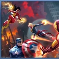 A dynamic scene features several iconic superheroes engaged in battle amidst a chaotic urban backdrop. On the left, a female hero with red and yellow attire unleashes energy blasts, while a flying hero in a blue and gold costume, likely Captain Marvel, propels forward. In the foreground, Iron Man, clad in his red and gold armor, prepares to strike, and Captain America stands resolutely, holding his shield emblazoned with a star. The atmosphere is charged with tension, reflecting the theme of hero versus hero.