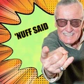 A man with gray hair and sunglasses, wearing a gray sweater, is pointing forward with a confident expression. The background features a vibrant comic-style explosion in yellow and orange, with the text "'NUFF SAID" prominently displayed. The overall design evokes a dynamic and playful comic book aesthetic.