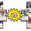 A dynamic arrangement of Marvel Champions: The Card Game character cards features Captain Marvel, Iron Man, Maria Hill, Captain America, Spider-Man, and Scarlet Witch, each showcasing their unique abilities and stats. The cards are positioned around a bold, yellow "VS" graphic, emphasizing the theme of hero versus hero conflict. The characters are depicted in vibrant colors, highlighting their iconic designs and powers.
