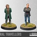 A pair of miniature figures titled "Temporal Travellers" stands on a textured base with tufts of grass. On the left, a figure in a green coat and vest has curly hair and a confident stance, while on the right, a figure in a black jacket with crossed arms and short hair presents a more serious demeanor. The background features a subtle starry effect, enhancing the theme of time travel.