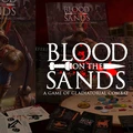 A collection of game components for "Blood on the Sands," featuring a prominent logo with a sword and blood splatter. In the background, there are detailed rulebooks and character cards, alongside various tokens and dice used for gameplay. The scene conveys a rich theme of gladiatorial combat, with illustrations of gladiators and game mechanics laid out on a tabletop.