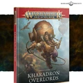A colorful cover of the "Kharadron Overlords" Battletome for Age of Sigmar features a robust duardin character wearing a large, round backpack with mechanical elements, suggesting a flying apparatus. The character is depicted mid-air, with a determined expression, and is surrounded by small airships and flying creatures in the background. The title "Kharadron Overlords" is prominently displayed at the bottom, along with the Warhammer logo at the top.