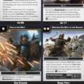 The image features several character cards from the Star Wars Legion game, showcasing new bounty hunters. On the left, IG-88 is depicted with a description of its abilities, including a permanent effect related to Bounty tokens. Next to it, IG-11's card highlights its unique attack capabilities. Below, Din Djarin is illustrated, gaining a Dodge token and the Relentless ability. On the right, Boba Fett's card details his attack restrictions and special abilities, emphasizing his iconic status. The cards are designed with thematic artwork and text, enhancing the gameplay experience.