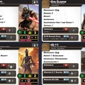 The image features four character cards from the Star Wars: Legion tabletop game. In the top left, Boba Fett is depicted with a vibrant illustration, showcasing his iconic armor and weapons, along with stats and abilities listed below. The top right displays Din Djarin, also known as The Mandalorian, with his own set of abilities and weapons. The bottom left features IG-88, an IG-Series Assassin Droid, with details about his combat capabilities. Finally, the bottom right presents IG-11, another droid character, highlighting his unique skills and weaponry. Each card includes a combination of artwork, character names, and gameplay statistics.