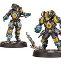 Two miniatures of Psi Judges Palanite Enforcers are displayed, showcasing their distinct designs. On the left, a Psyrender is depicted with a sleek black and yellow suit, featuring blue accents and a skull emblem on the chest, gesturing as if using psychic powers. On the right, a Bonecrusher stands in a more imposing stance, with a bulkier frame and similar color scheme, holding a weapon that appears to be a twisted piece of metal. Both figures are mounted on circular bases, set against a simple dark background.