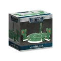 A box for the Eldar Landing Pad from Gales Force Nine's Battlefield in a Box range, featuring a vibrant green design with white and red details. The box displays the product name prominently, along with the Gothic Sector branding. The landing pad itself is depicted with graceful arches and a circular base, designed for immediate use in tabletop gaming.