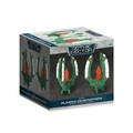 A box featuring two Eldar Plasma Generators from the Gothic Sector range, designed for tabletop gaming. The box is predominantly grey with a blue and black label, showcasing the vibrant green generators adorned with white and red details. The generators have a sleek, futuristic design with fluid arches, emphasizing their Eldar aesthetic.