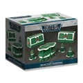 A box labeled "Gothic Sector" from Gales Force Nine's Battlefield in a Box range, featuring a collection of Eldar scatter terrain pieces. The box displays six fully painted terrain items, characterized by graceful, fluid designs in a vibrant green color with white and red details. The terrain pieces include various shapes, such as curved structures and smaller elements, all designed to complement the Eldar aesthetic.