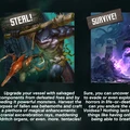 A split image features two distinct scenes related to the Voidsea campaign. On the left, a muscular humanoid creature with shark-like features wields a large wooden club, accompanied by a smaller, fish-like creature, both set against a dark, watery background. The word "STEAL!" is prominently displayed above them. On the right, a stormy seascape shows a lighthouse amidst ominous waves and lightning, with the text "SURVIVE!" above, hinting at the dangers of the Voidsea.