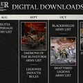 A timeline graphic outlines upcoming digital downloads for the Horus Heresy, featuring four months of planned releases. Each month highlights specific army lists, including the Imperialis Militia, Daemons of the Ruinstorm, Blackshields, and Shattered Legions, accompanied by images of miniatures representing these factions. The background is dark with intricate designs, emphasizing the thematic elements of the Warhammer universe.