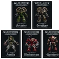 Five new Liber books for "Warhammer: The Horus Heresy" are displayed, each featuring distinct cover art. The covers include illustrations of armored figures representing various factions: a green-armored Loyalist Astartes for "Liber Astartes," a gray-armored Traitor Astartes for "Liber Hereticus," a bulky figure for "Liber Auxilia," a robotic character for "Liber Mechanicum," and a knightly figure for "Liber Questoris." Each book is titled prominently at the bottom, with a dark background that enhances the vibrant colors of the characters.